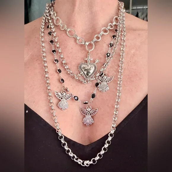 3-Piece Silver Necklace Set | Heart Cross Choker, Angel Beaded Necklace & chain - Picture 1 of 5